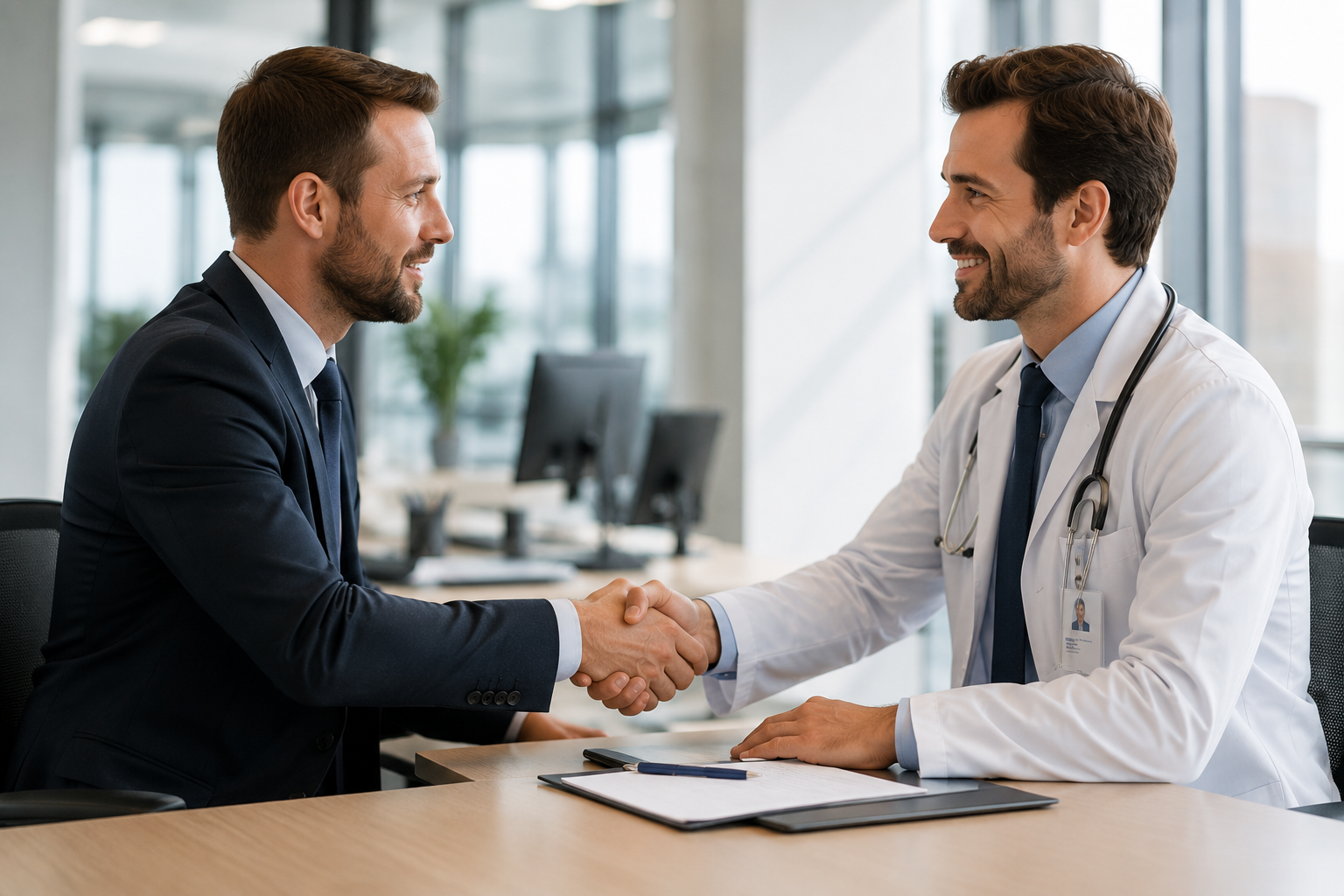 Erfolgreicher Vertragsabschluss zwischen Arzt und Klinik